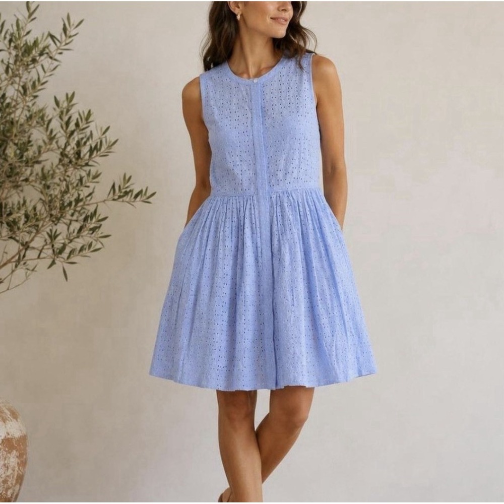 J. By JCrew Dress Blue Eyelet Sleeveless Fit & Flare Button Front Pocket Size 20